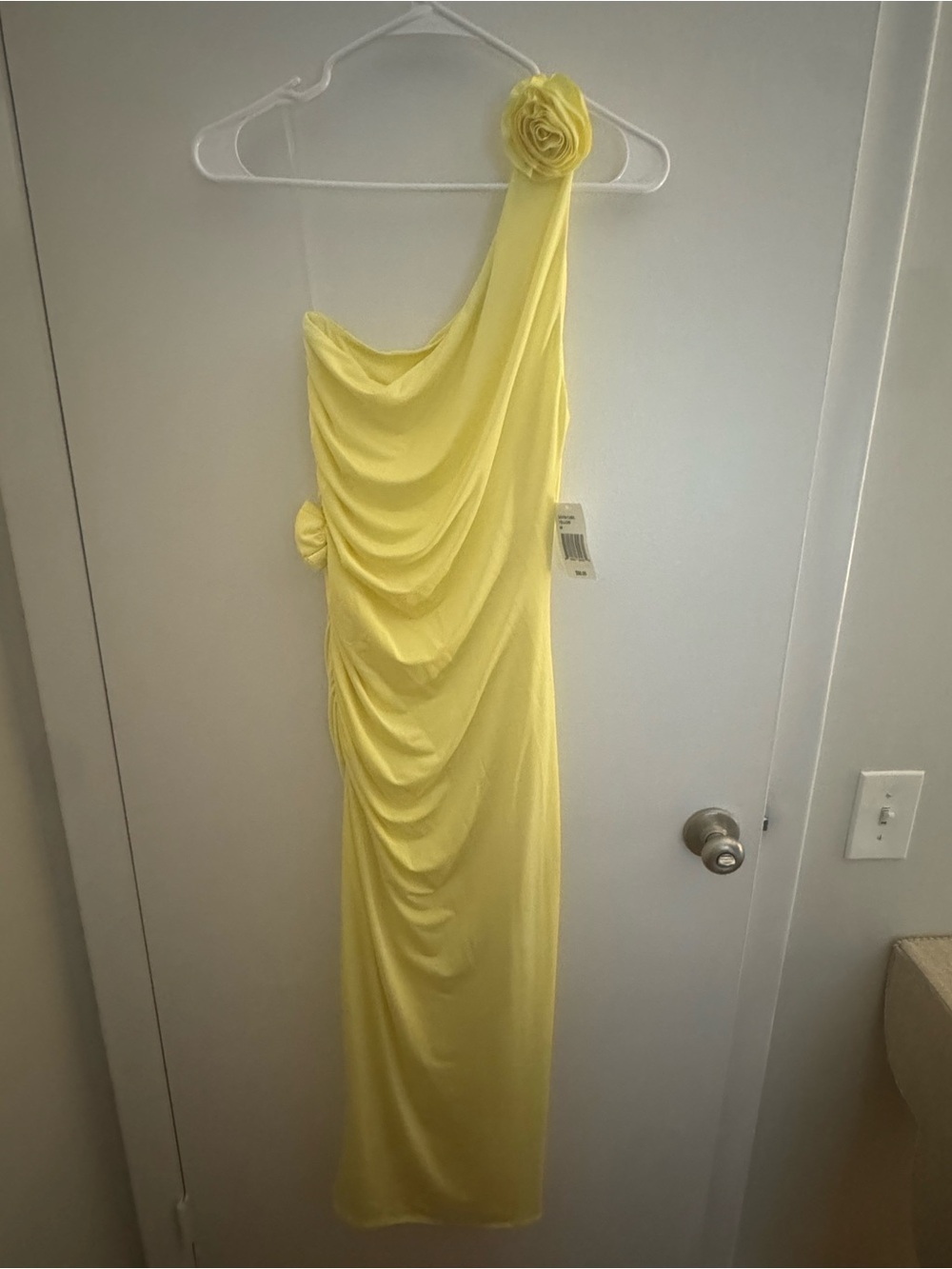 One-Shoulder Yellow Maxi Dress with Rosette Detail